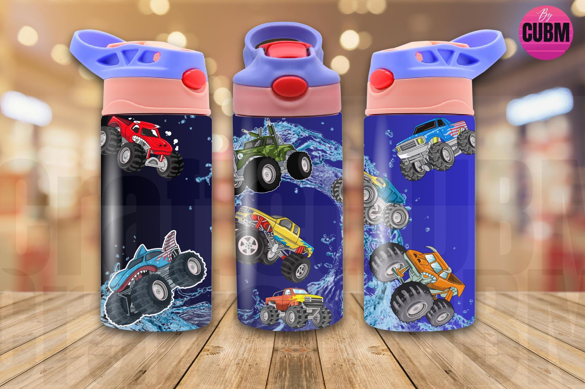 Children's Trucks Kids Flip Top Sippy Cup Tumbler Wrap, 12oz Straight Tumbler Sublimation PNG,  Monster Truck 12oz Tumbler Wrap Design