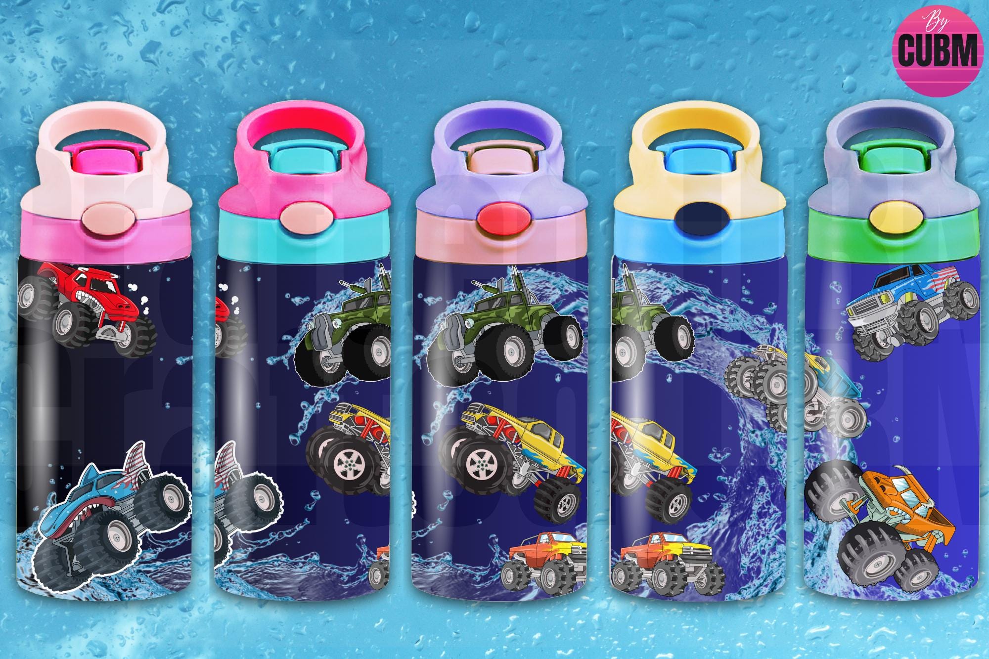 Children's Trucks Kids Flip Top Sippy Cup Tumbler Wrap, 12oz Straight Tumbler Sublimation PNG,  Monster Truck 12oz Tumbler Wrap Design